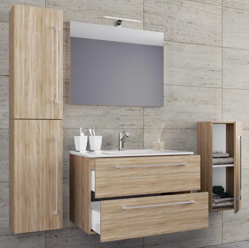 VCM 5dílná umyvadlová skříňka Badinos 2 zásuvky 60 cm se zrcadlem a střední/vysokou skříňkou, dub Sonoma