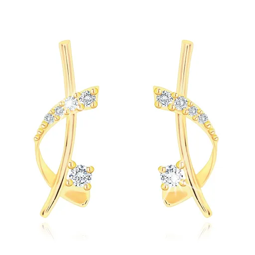 Zlaté náušnice 9K oblúk s prekríženou líniou a zirkónmi