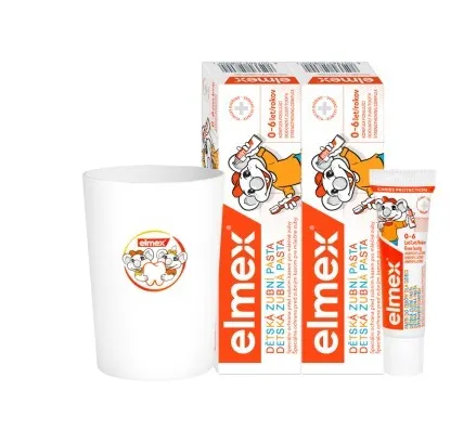Elmex Detská zubná pasta 50 ml + 12ml) + kefka + pohárik