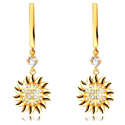 Okrúhle náušnice zo žltého 585 zlata - prívesok v tvare slnka, okrúhly číry zirkón