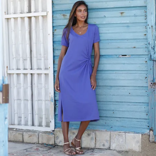 Midi šaty s ozdobným uzlom na boku a výstrihom do V