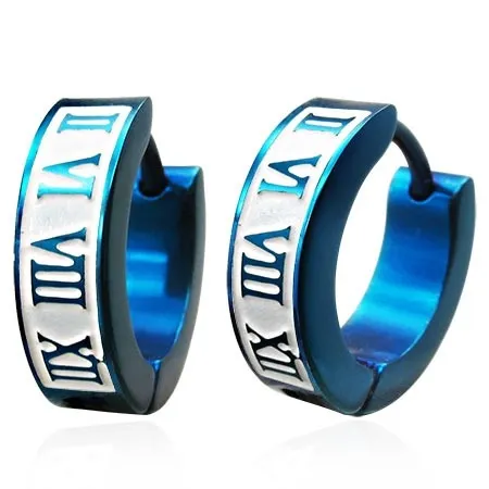 Modré oceľové náušnice s rímskymi čislicami, anodizované