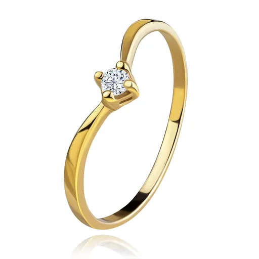 Prsteň zo žltého zlata 585 - lesklé zahnuté ramená, ligotavý číry diamant - Veľkosť: 48 mm