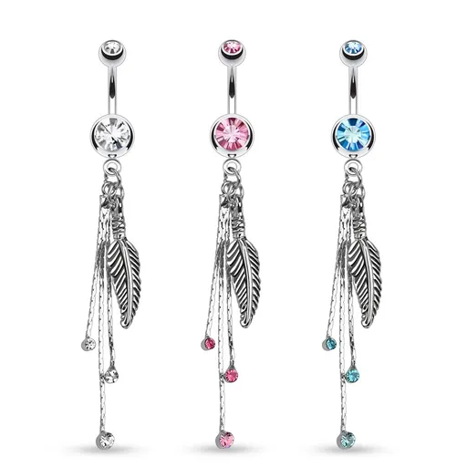 Piercing do brucha striebornej farby, gravírované pierko, retiazky, farebné zirkóny - Farba zirkónu: Aqua modrá - Q