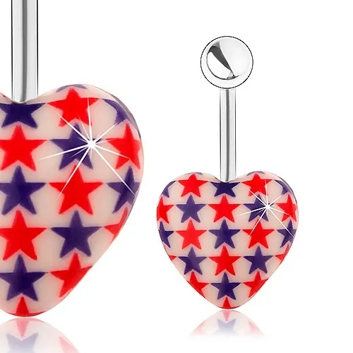 Oceľový piercing do pupka, gulička, biele srdce, červené a modré hviezdy