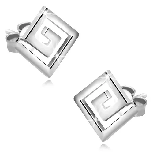 Strieborné náušnice 925, motív gréckeho kľúča - labyrint, puzetové zapínanie