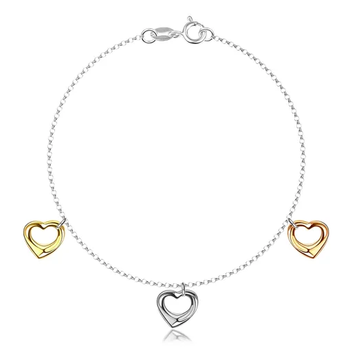 Náramok na ruku zo striebra 925 s tromi farebnými srdiečkami