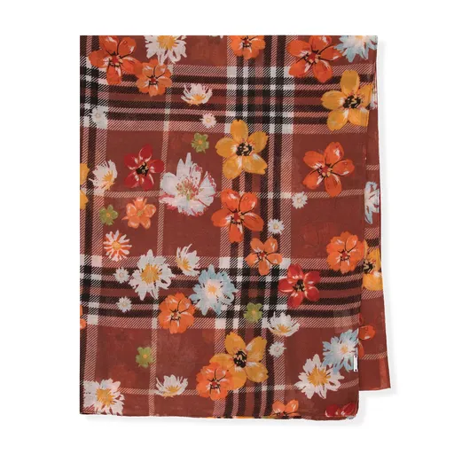 Tenká dámska šatka s kvetmi a kárami, hnedá a oranžová 98-7D-X09-X1