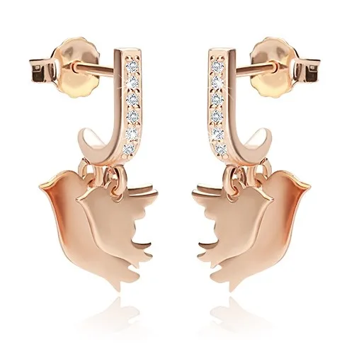 Strieborné náušnice 925 medenej farby - dva prívesky s motívom vtáčika, zirkónová línia