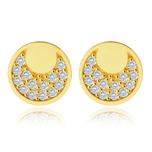 Náušnice z 9K zlata - zrkadlovolesklé krúžky, tvar mesiačika vykladaný zirkónmi, puzetky