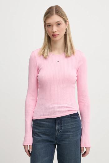 Bavlnené tričko s dlhým rukávom Tommy Jeans ružová farba, s polorolákom, DW0DW19503