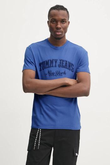 Bavlnené tričko Tommy Jeans pánske, tyrkysová farba, s nášivkou, DM0DM20356