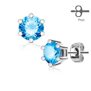 Náušnice z ocele 316L striebornej farby, okrúhly modrý zirkón v kotlíku - Priemer: 4 mm
