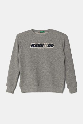 Detská bavlnená mikina United Colors of Benetton šedá farba, s kapucňou, s potlačou, 3J68C10N2