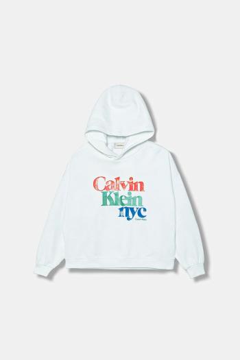 Detská bavlnená mikina Calvin Klein Jeans biela farba, s kapucňou, s potlačou, IG0IG02989