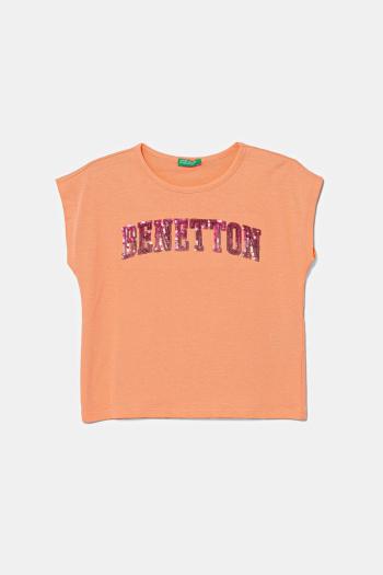 Detské bavlnené tričko United Colors of Benetton oranžová farba, 3I1XC10P1