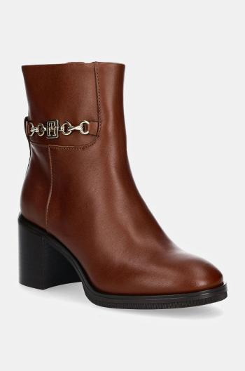 Kožené členkové topánky Tommy Hilfiger TH CHAIN LEATHER MID HEEL BOOTIE dámske, hnedá farba, na podpätku, FW0FW08183