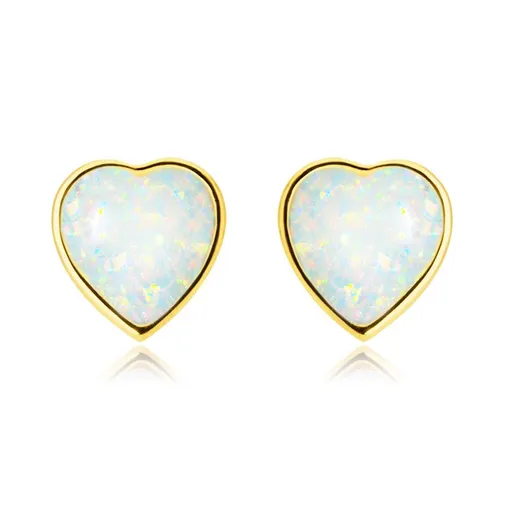 Zlaté 14K náušnice - pravidelné srdce s vypuklým syntetickým bielym opálom, puzetky