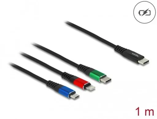 Delock Nabíjací kábel USB 3 v 1 USB Type-C™ na Lightning™/Micro USB/USB Type-C™, 1 m