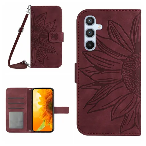 ART SUNFLOWER Peňaženkový obal so šnúrkou pre Samsung Galaxy A56 bordový