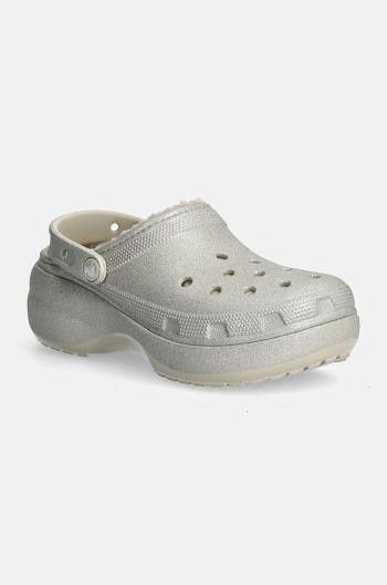 Šľapky Crocs Classic Platform Glitter Lined Clog W dámske, strieborná farba, na platforme, 210413