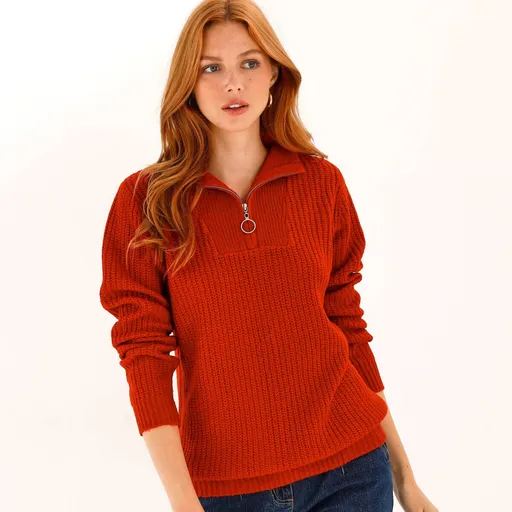 Pulóver so stojačikom na zips a hladkým vzorom