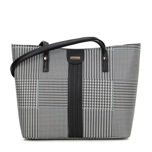 Dámska károvaná shopper kabelka z ekokože čierno-biela 99-4Y-619-1