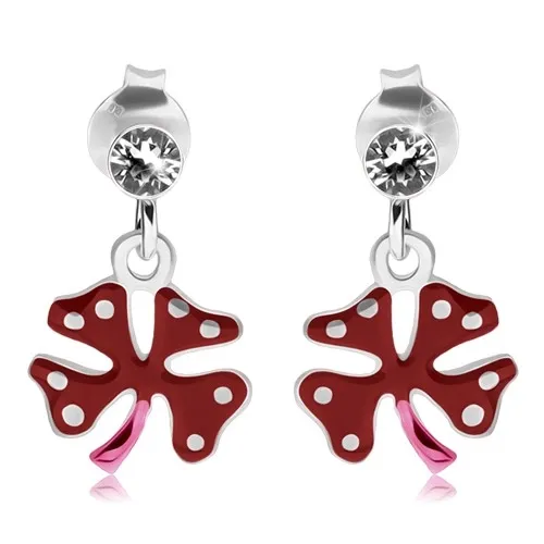 Náušnice zo striebra 925, číry zirkónik, červeno-ružový štvorlístok