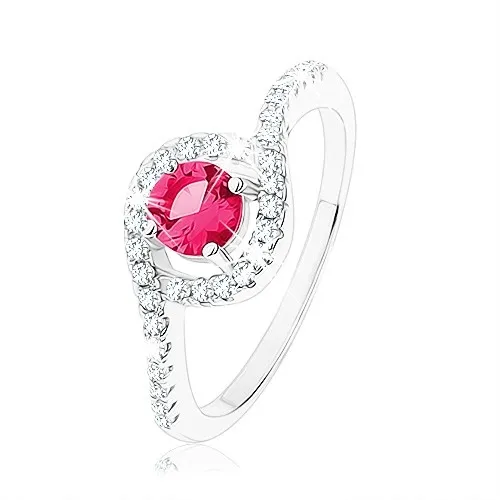 Strieborný prsteň 925, okrúhlý červený zirkón so zvlneným čírym lemom - Veľkosť: 52 mm