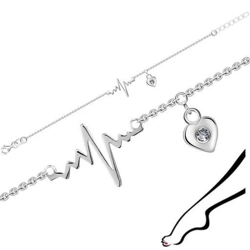 Strieborný 925 náramok na členok - tep srdca, srdce s čírym zirkónom