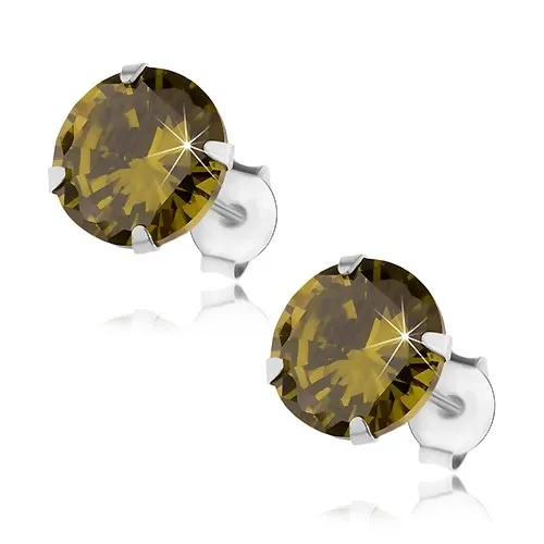 Strieborné 925 náušnice, okrúhly ligotavý zirkón zelenej farby, 8 mm