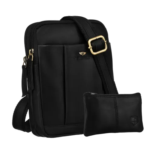 Čierna pánska kožená taška cez rameno Peterson s darčekom – koženým puzdrom na kľúče