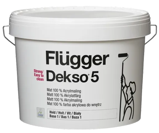 FLÜGGER DEKSO 5 - Umývateľná interiérová farba so schopnosťou odpudzovať nečistoty biela, 2,8 L