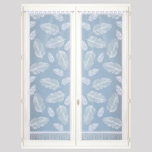 Rovná vitrážová záclona s motívom pierok, pre garnižovú tyč, pár