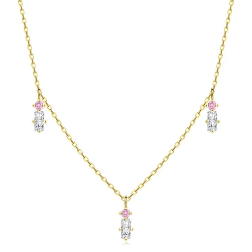 Náhrdelník v žltom 14K zlate - ružové okrúhle a číre obdĺžnikové zirkóny
