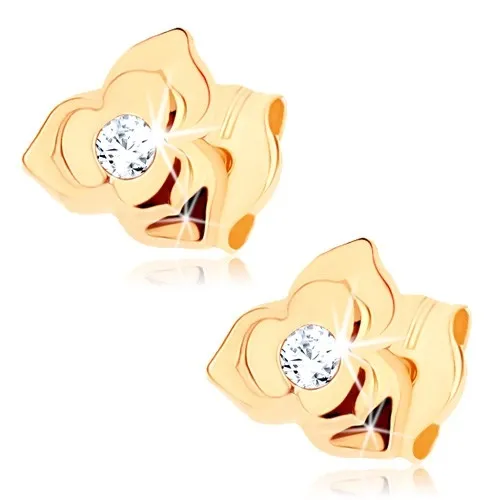 Zlaté náušnice 9K kvet s čírym zirkónom a tvarovanými lupeňmi