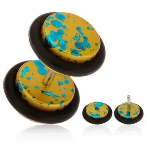 Falošný plug do ucha z akrylu zlatohorčicovej farby, tyrkysové škvrny