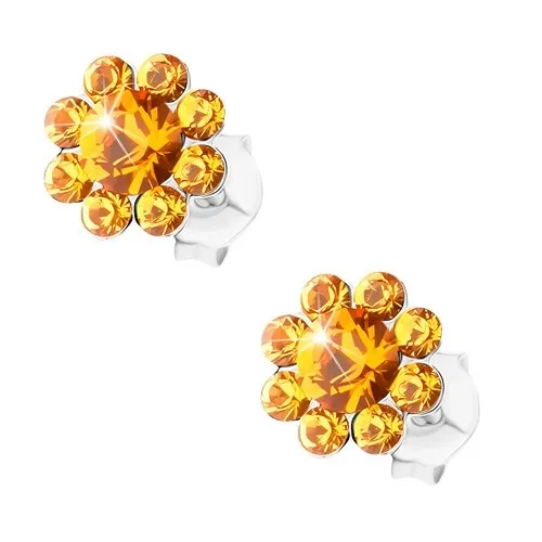 Náušnice zo striebra 925, žiarivý kvietok z oranžových Preciosa krištáľov
