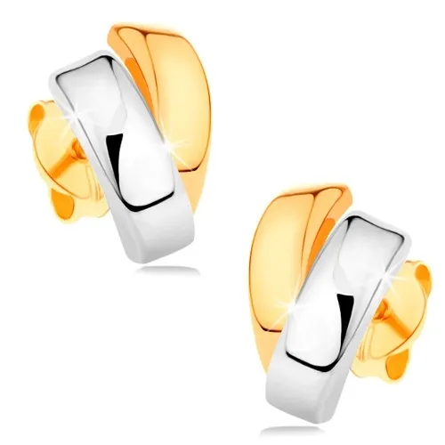 Ligotavé náušnice zo 14K zlata - dvojfarebné zahnuté línie, puzetové zapínanie