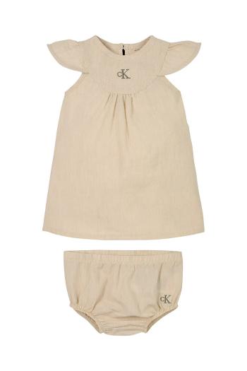 Šaty pre bábätká s prímesou ľanu Calvin Klein Jeans béžová farba, mini, áčkový strih, IN0IN00299