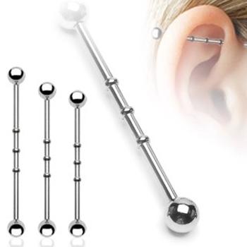 Oceľový piercing do ucha - činka, vrúbkované zárezy, guličky