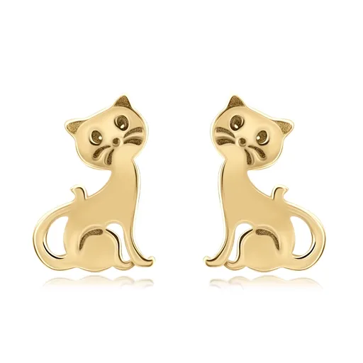 Puzetové náušnice zo žltého 9K zlata - mačka s gravírovanými detailmi