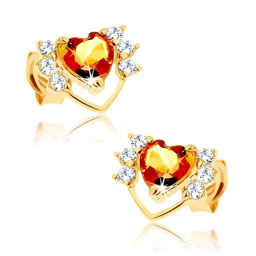 Náušnice v žltom 9K zlate - tenká kontúra srdca so zirkónmi, žltý citrín