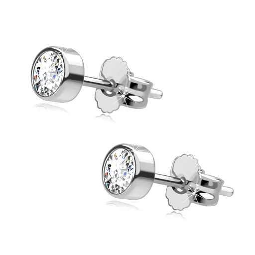 Náušnice z bieleho 14K zlata - okrúhly ligotavý zirkón v objímke, 4 mm