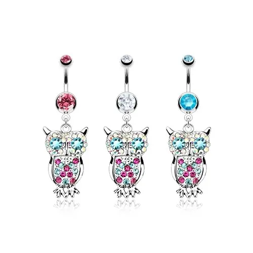 Oceľový barbell do pupka - zirkónové guličky a farebná sova - Farba zirkónu: Číra - C