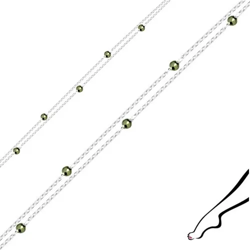 Strieborný náramok 925 na členok - dvojitá retiazka, olivovozelené pyrity