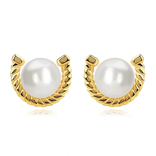 Puzetové náušnice v žltom 585 zlate - zatočená podkova, sladkovodná perla