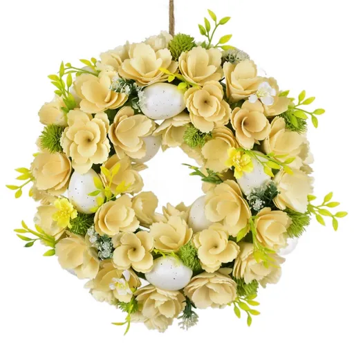 Veľkonočný veniec z drevených kvetov s vajíčkami, 30 cm, biela