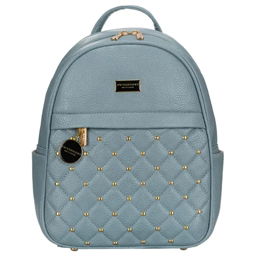 Modrý moderný prešívaný dámsky ruksak so zlatými nitmi a módnou kľúčenkou z ekologickej kože