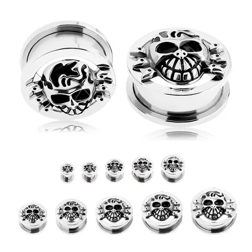 Tunel plug do ucha z ocele 316L, strieborná farba, vypuklá patinovaná lebka - Hrúbka: 16 mm
